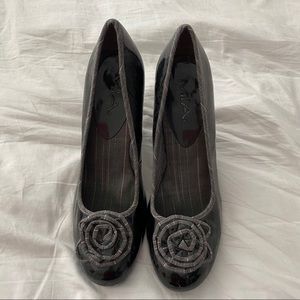 Patten Leather Heels with rose detail on toe